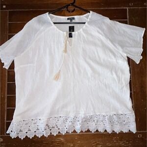 Lane Bryant White Cotton Crochet Tassel Tie‎ Neck Plus Size Top 26/28